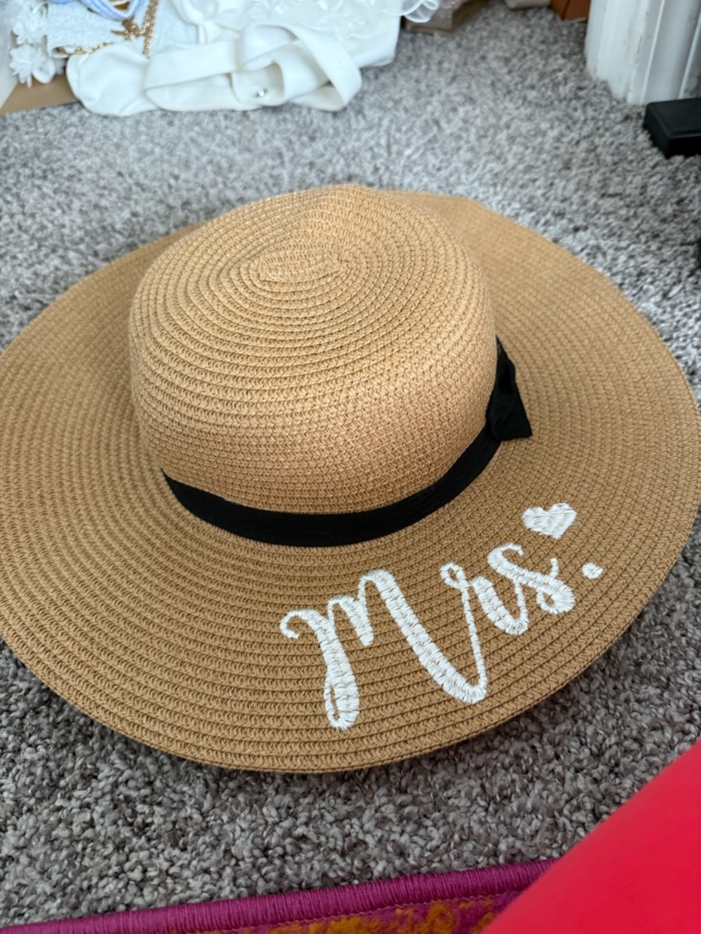 Mrs. Embroidered Wide Brim Straw Sun Hat with Black Band